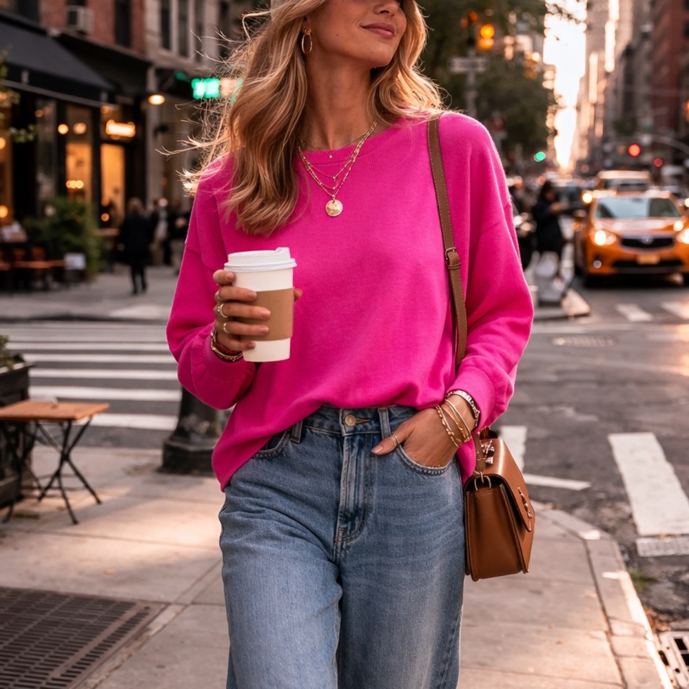 Time and Tru Vibrant Pink Long Sleeve Sweater Top, size M